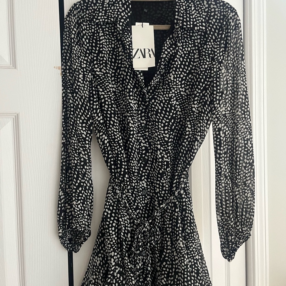 NWT Zara Black and SilverEmbellished Shirt Dress size small